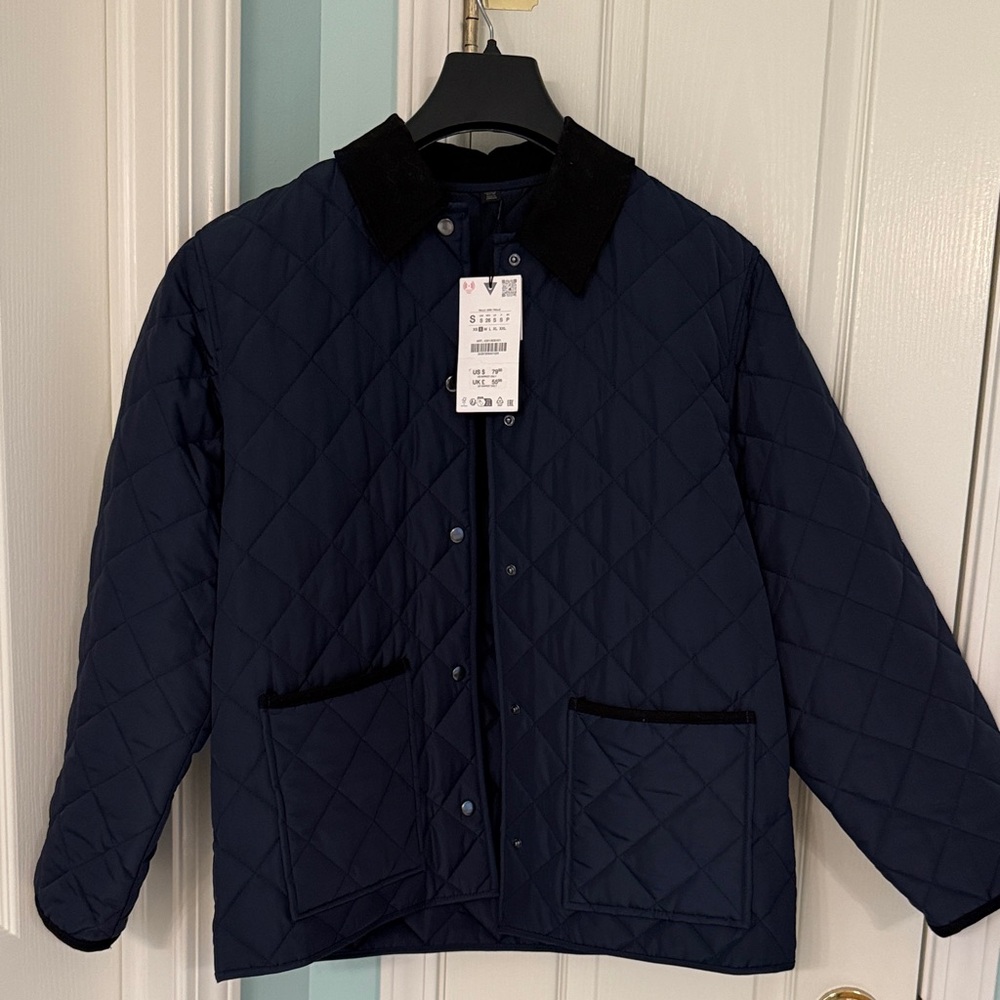 Zara Navy Quilted Jacket with Black Accents